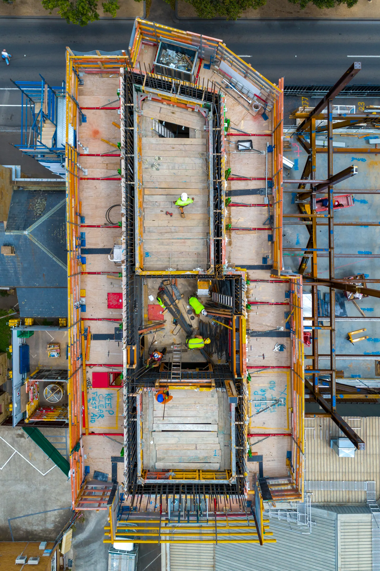 Aerial view over scaffolding and formwork at a Ryrie Street construction site, Geelong