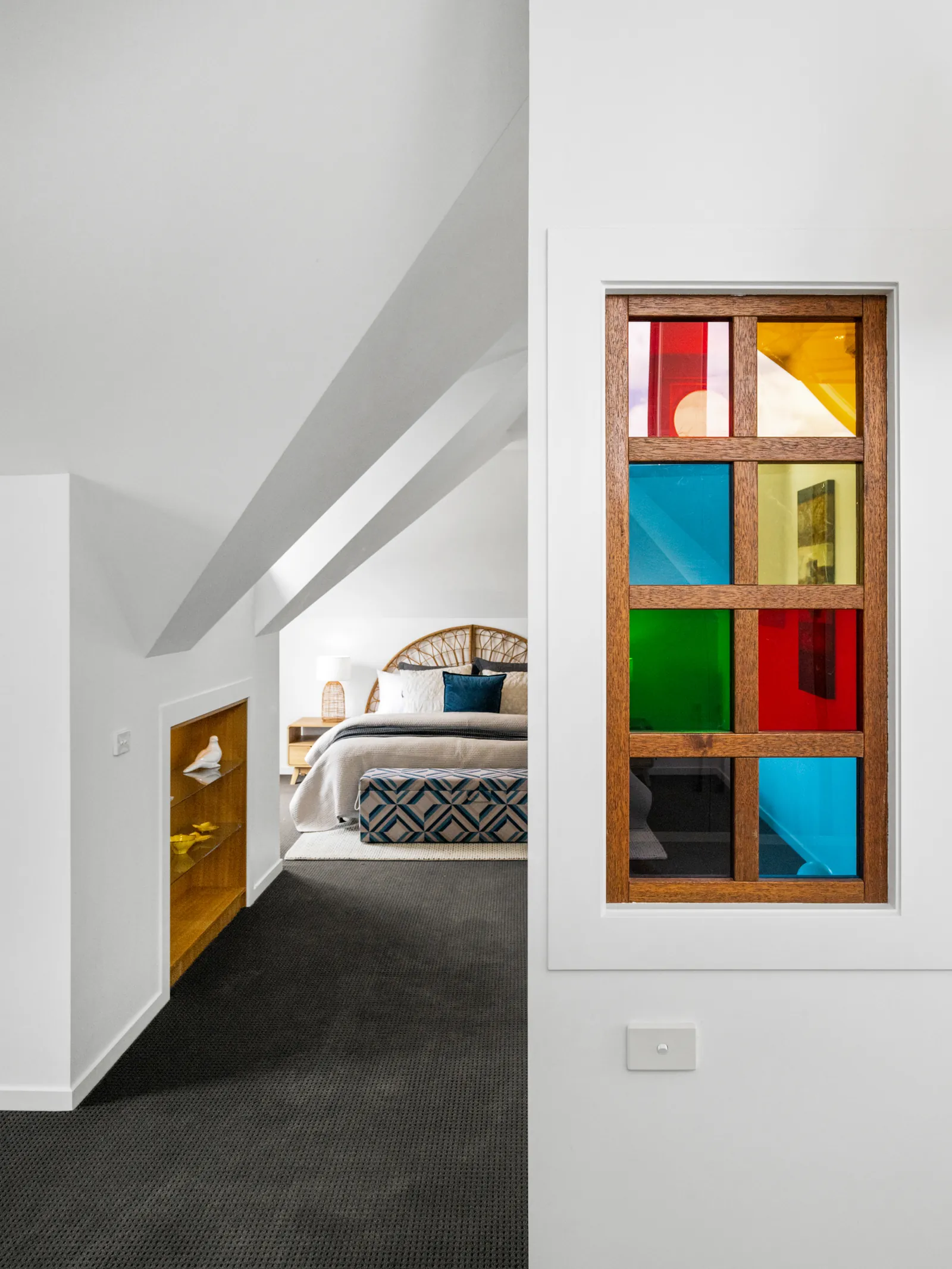 Bedroom entry with a colourful leadlight feature window, Mount Duneed