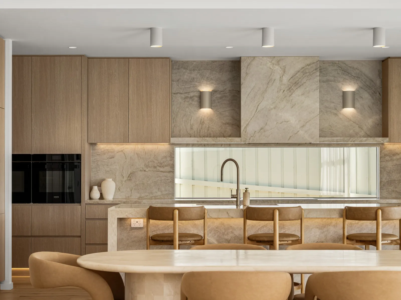 Stone kitchen with window splashback and timber cabinetry, Fyansford