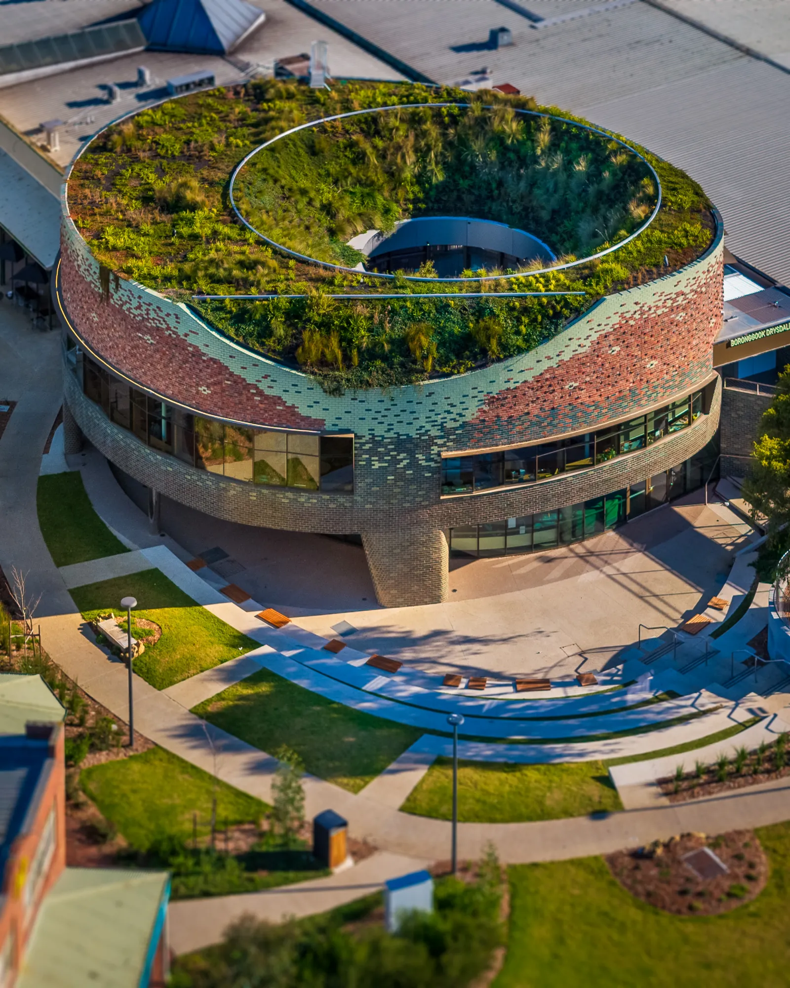 Aerial view of the circular green roof of Boronggook Drysdale Library